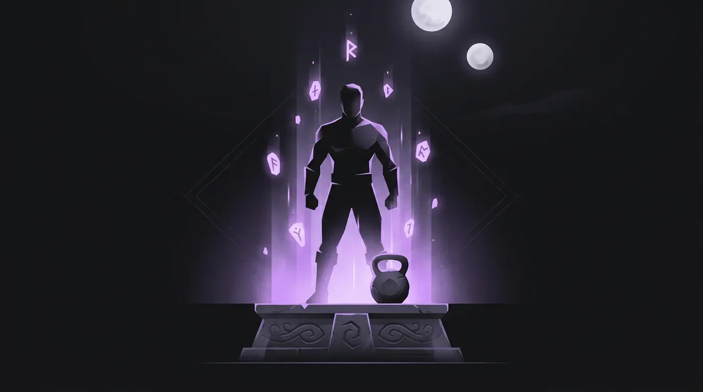 Concept art: a hero silhouette on a carved stone platform, lit by a rising violet glow and floating runes, a kettlebell at their feet and two moons above.