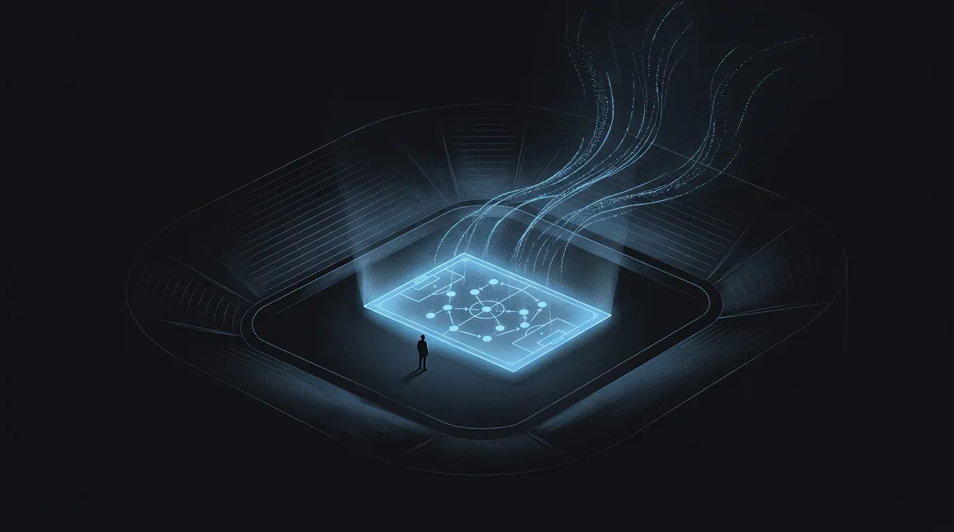 Concept art: a dark esports arena seen from above, a glowing blue tactics board at its centre with data streams rising from it and a lone figure watching.