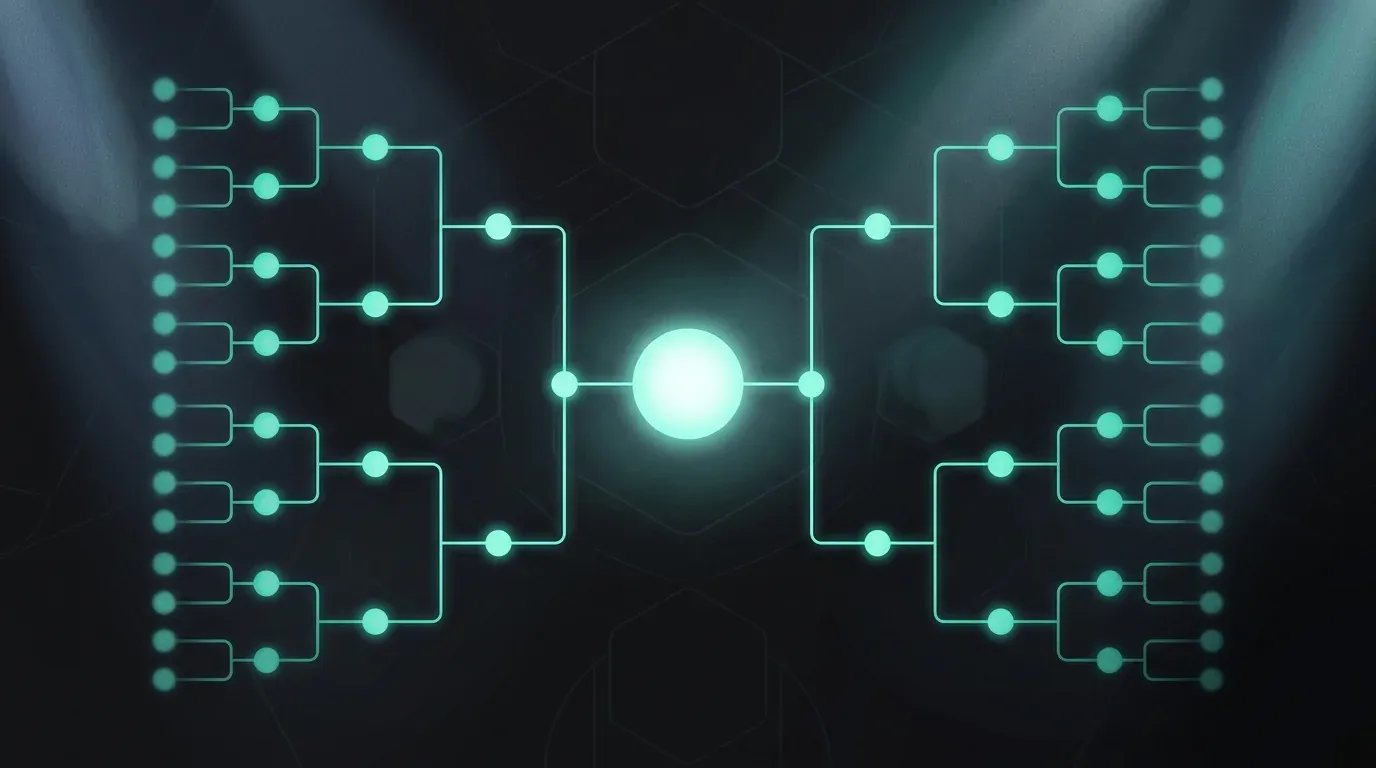 Concept art: an abstract tournament bracket drawn in glowing teal lines, many nodes converging pair by pair on one bright central orb.