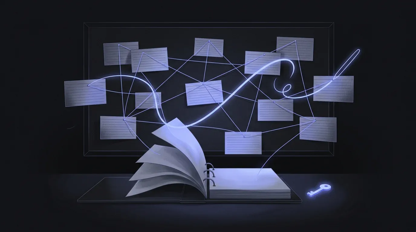 Concept art: an open binder whose pages lift into index cards pinned on a dark board, joined by thin periwinkle threads, with a small glowing key on the desk.