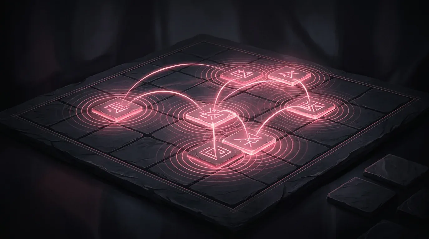Concept art: a dark stone game board of square tiles, several carrying glowing rose sigils that send rippling arcs of light to their neighbours.