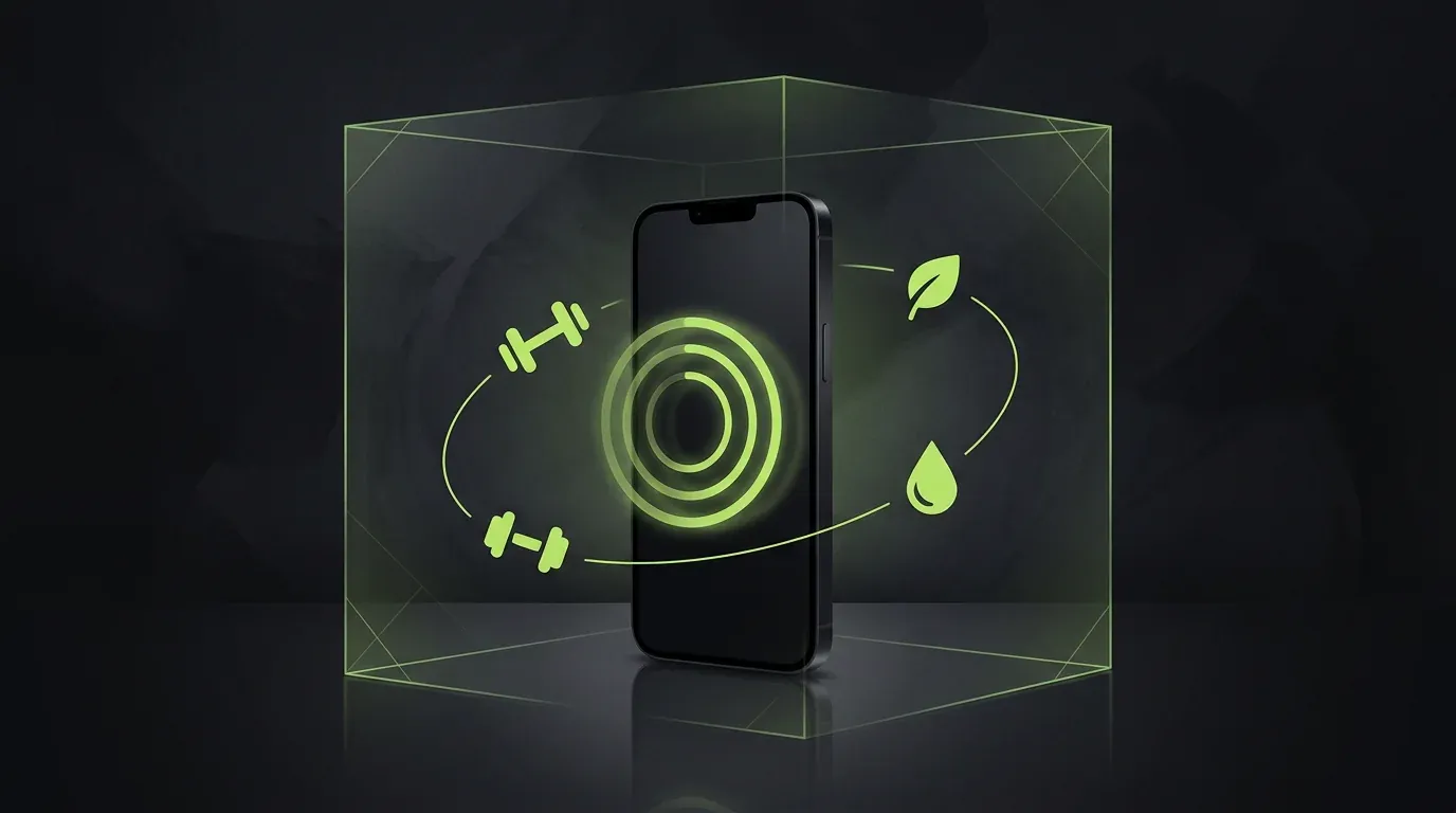 Concept art: a dark phone inside a faint green glass cube, glowing activity rings on its screen and a dumbbell, a leaf and a water drop orbiting it.