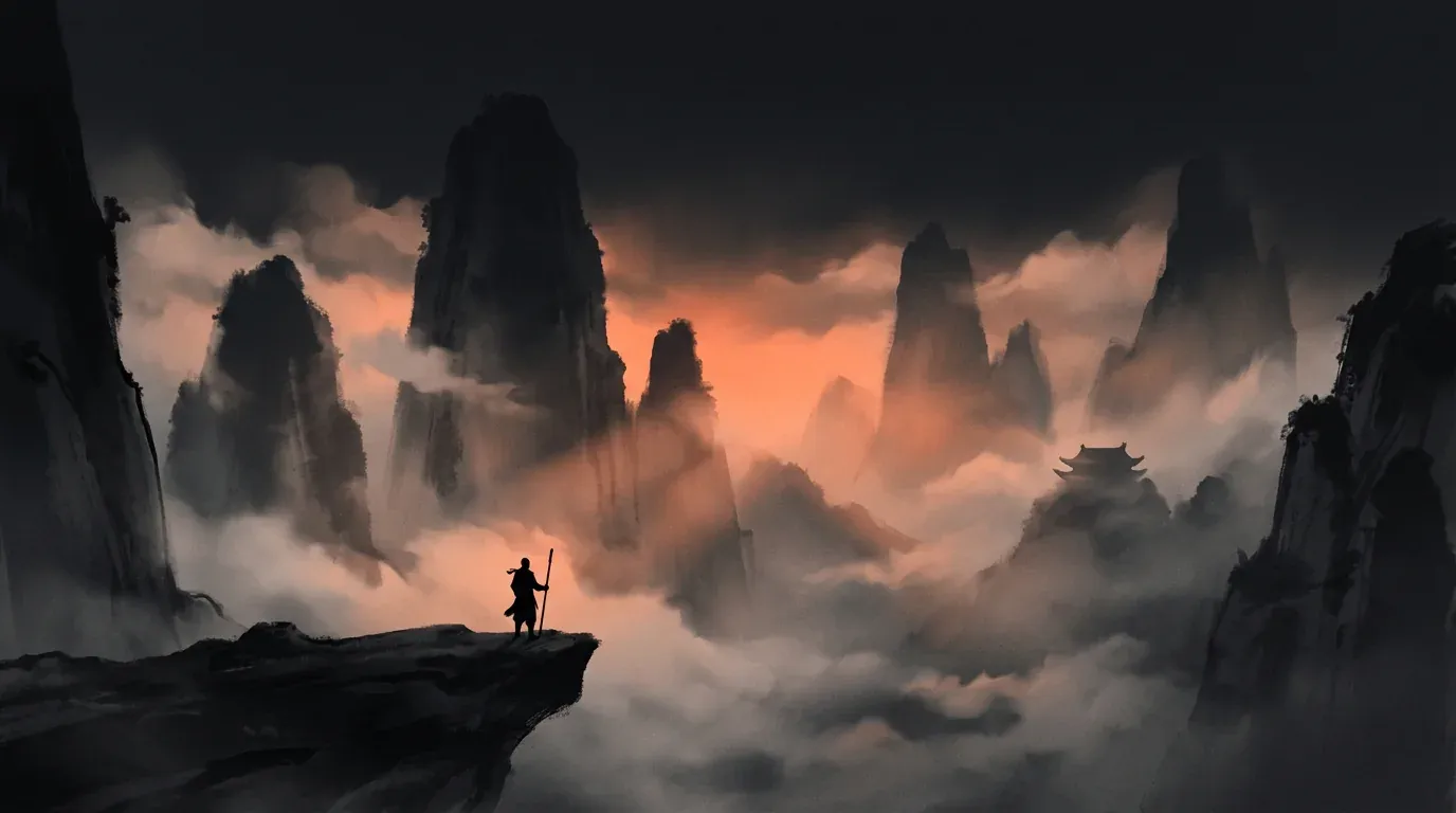 Concept art: misty karst peaks in an ink-wash style, an orange glow through the clouds and a lone wanderer with a staff on a cliff edge.